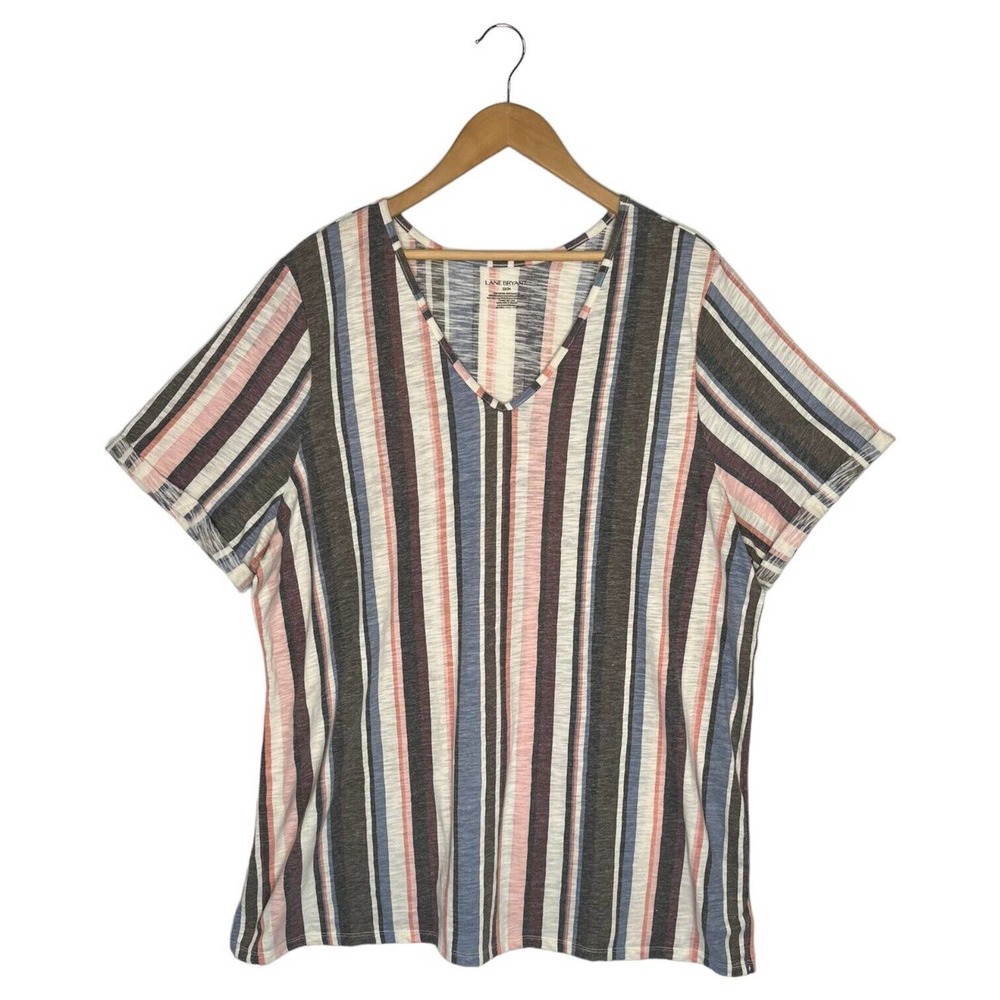 Lane Bryant Womens 22 24 V Neck Short Rolled Sleeve Striped Shirt Top Multi